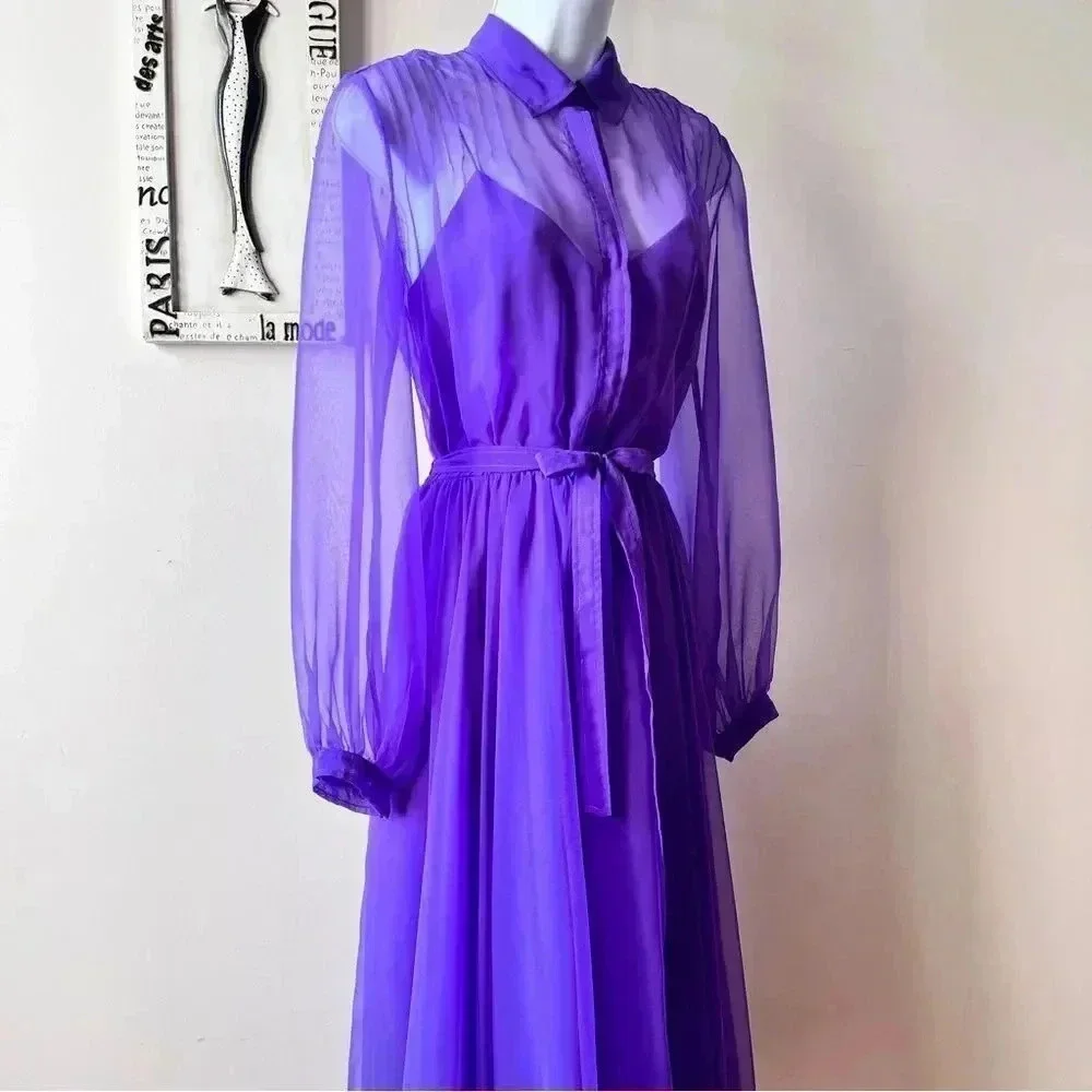 Vintage 60s Purple Chiffon Sheer Long Sleeve Pintuck Dress Size 12